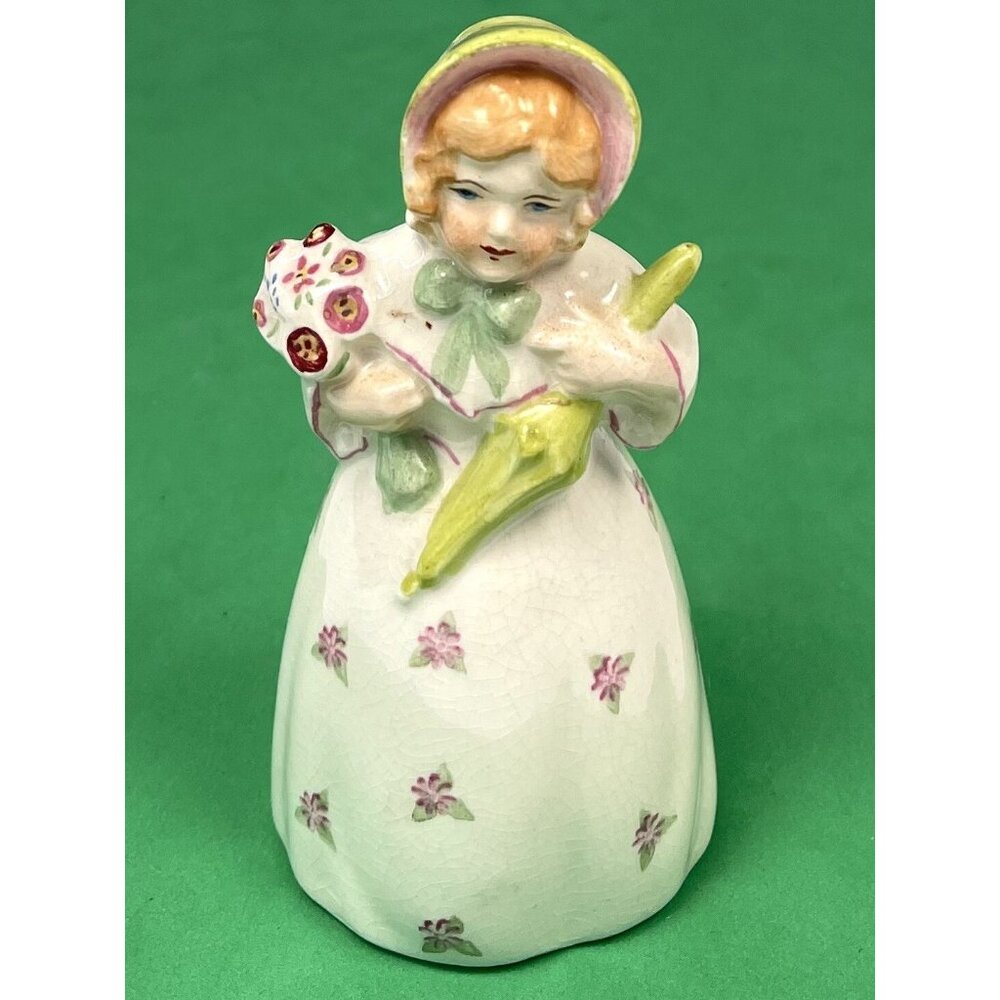 VTG 4.5" Handpainted Ceramic Girl BELL Figurine Floral Bouquet Green Bonnet EUC
